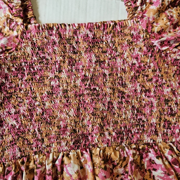 J Crew smocked puff sleeve midi faded floral dress pink brown, S - Picture 8 of 16